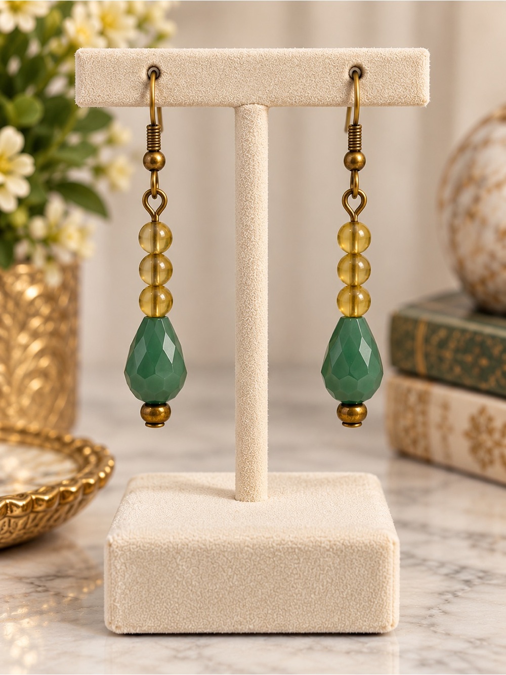 The Chloe Dangle Earrings Green Faceted Glass Teardrop & Golden Glass Beads